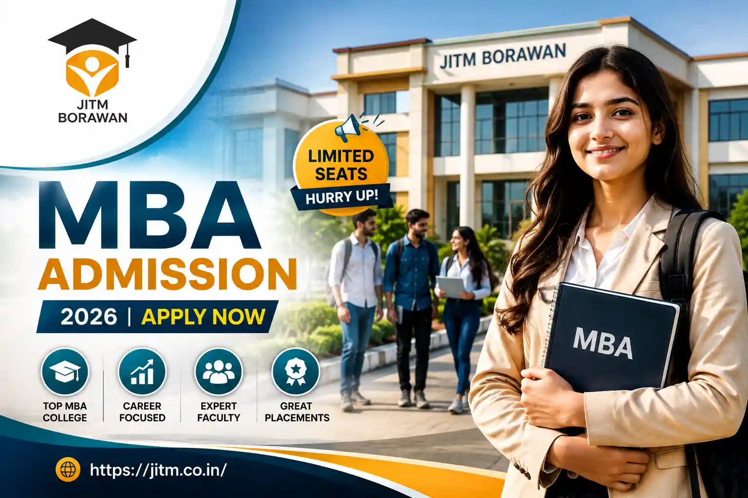 MBA admission 2026 at JITM Borawan with college campus and students