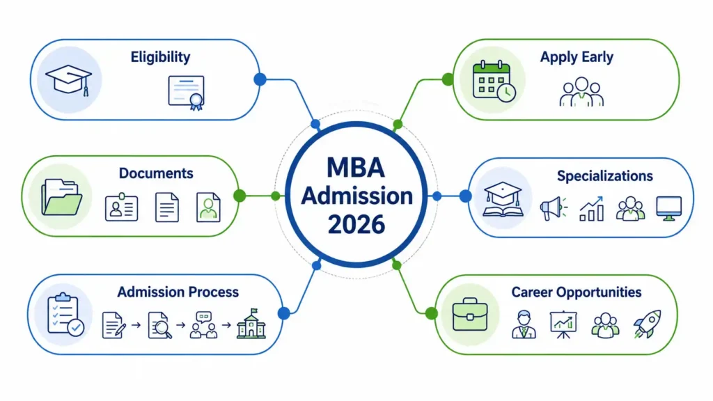 MBA Admission 2026 mind map showing eligibility, early application, required documents, specializations, admission process, and career opportunities for students in Khargone.