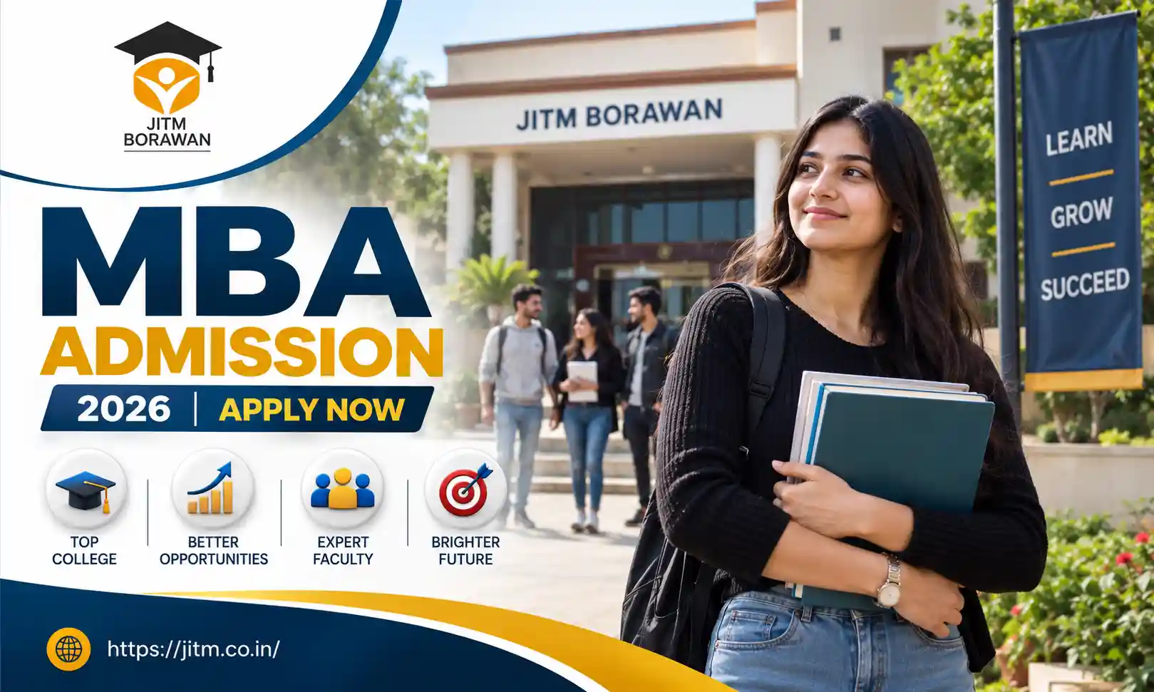 JITM Borawan MBA Admission 2026 banner featuring a student, campus and key MBA career opportunities.