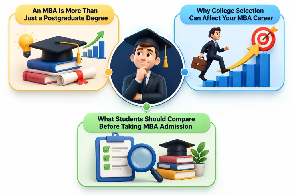 MBA Admission 2026 mind map showing degree value, career impact of college selection, and key factors to compare before admission with 3D icons.