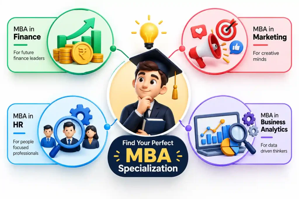 MBA specializations mind map showing Finance, Marketing, HR and Business Analytics career options for students.